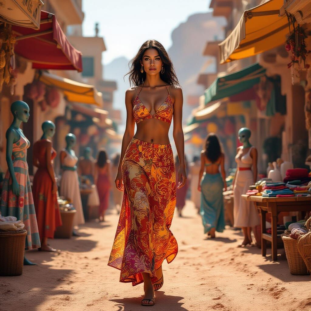 Martian Market: Woman Among Aliens in Hyperrealistic Art