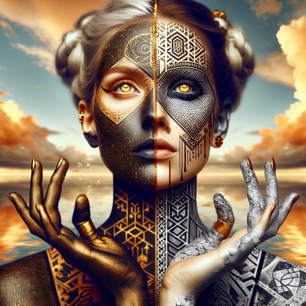 Meditative Woman Portrait in Pointillism and Geometric Art