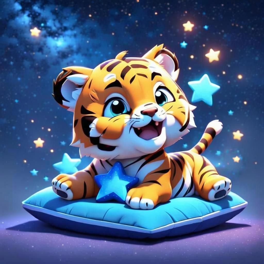 Cute Chibi Tiger Cub Playing with Star