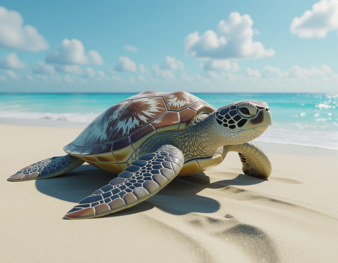 Sea Turtle on Beach in Discarded-Materials Aesthetic