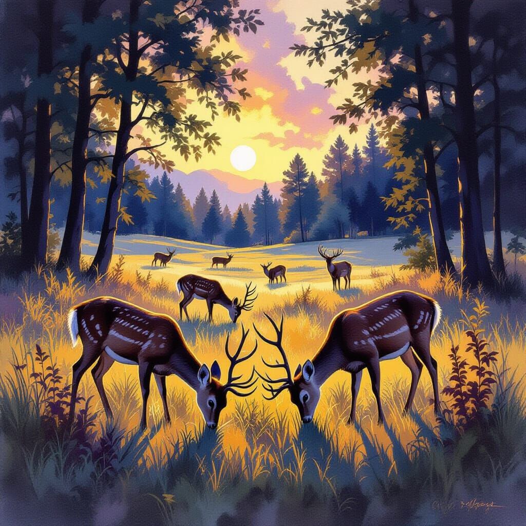 Deer Grazing in Watercolor Field