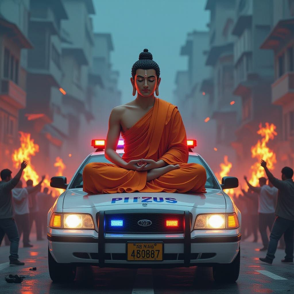 Buddha Meditates Amidst Riot, Neon Noir Style