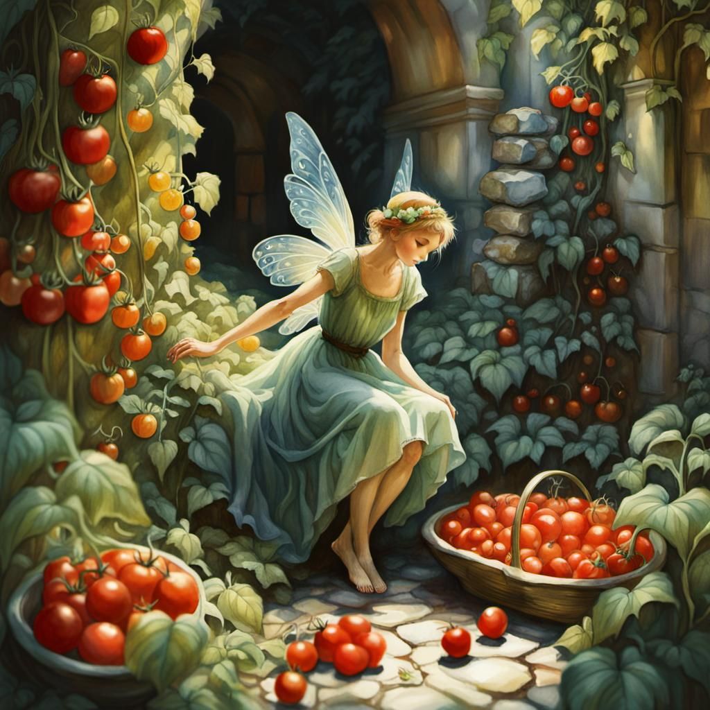 Tomato Fairy in Watercolor Garden Landscape