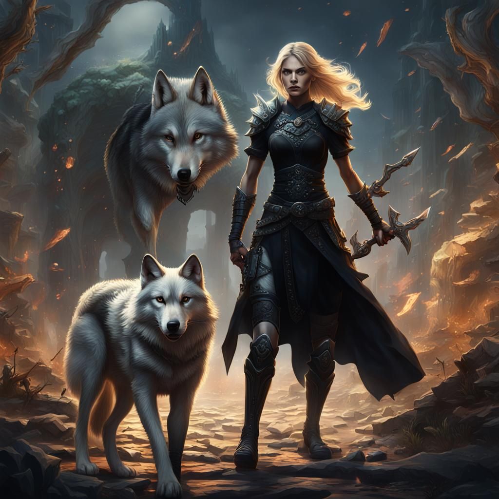 Powerful Blonde Warrior Woman with Wolf Companion