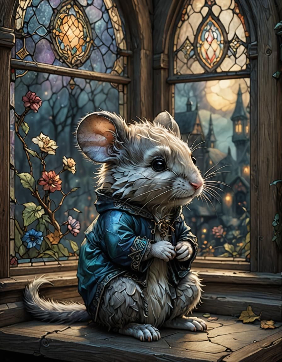 Anxious Chibi Mouse Waiting by Stained-Glass Window