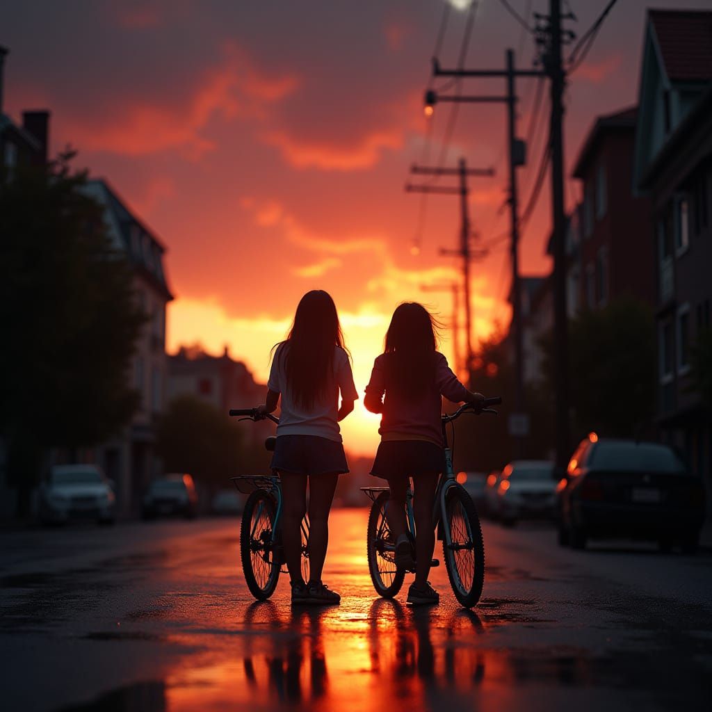 Teenage Girls Pedal Bicycles on Wet Street, Sun Breaking Thr...