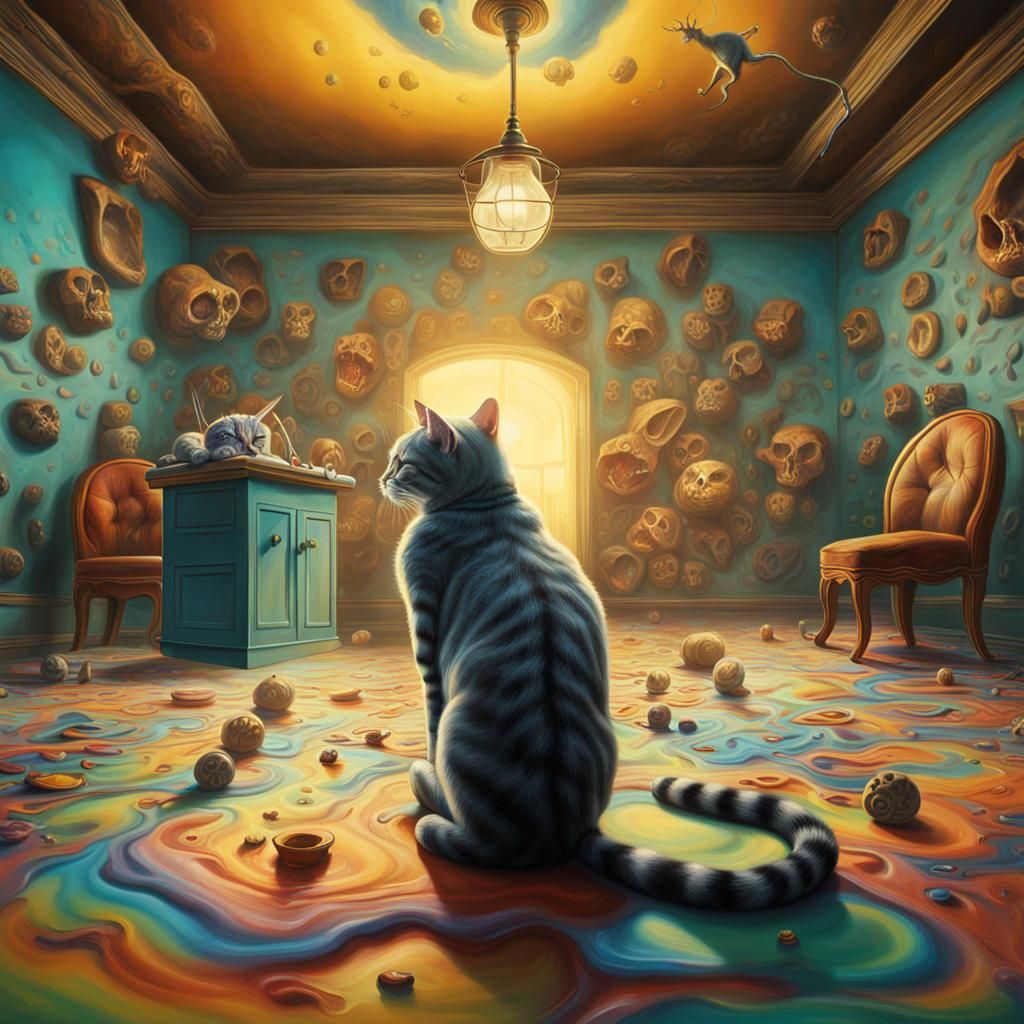 Surreal Cat Hallucination in Melting Room, Oil on Canvas