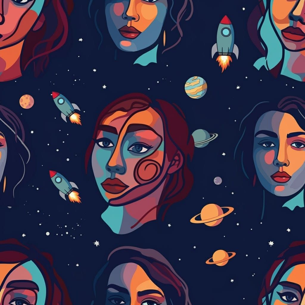 Whimsical Space Faces in Seamless Pattern