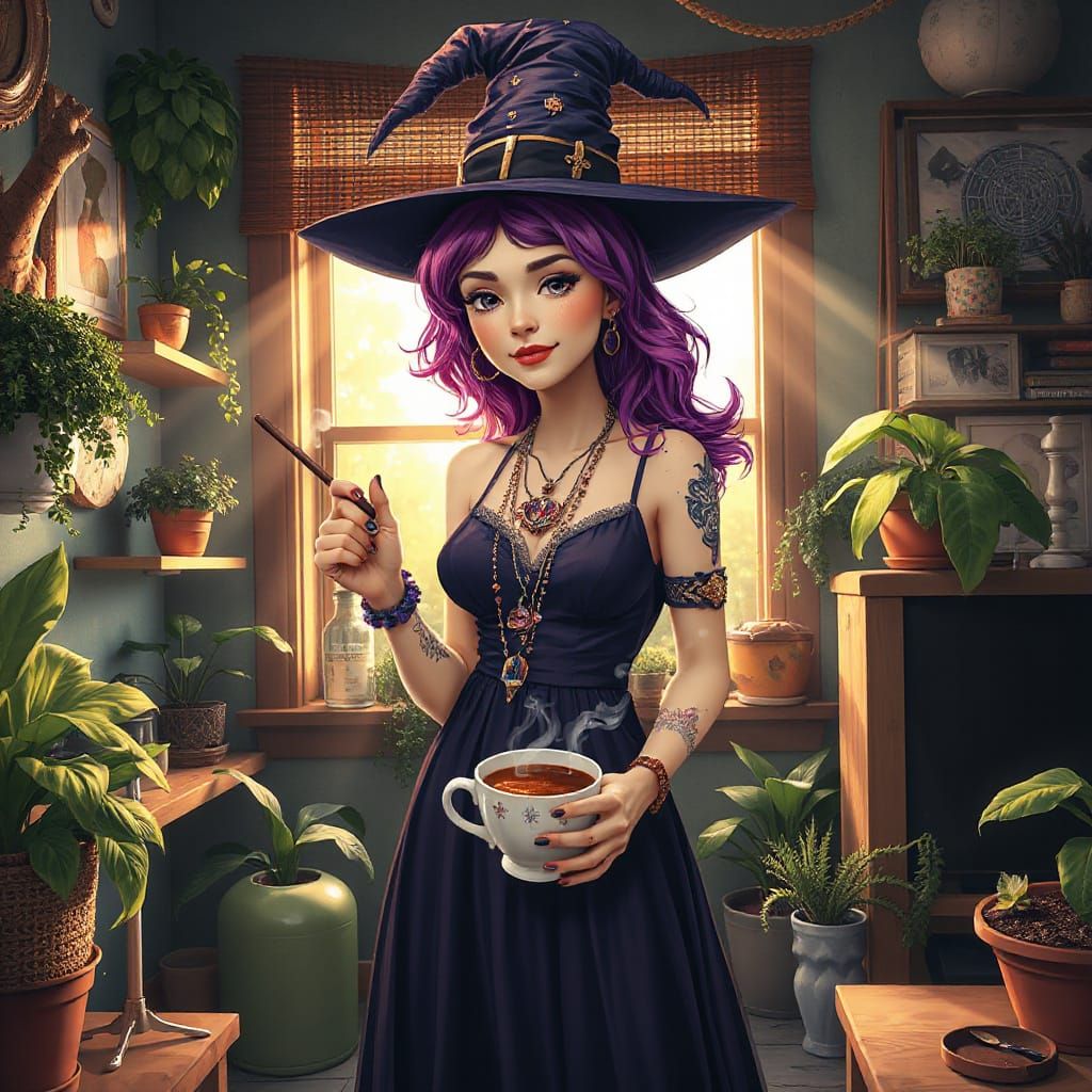 Modern Witch Brews Coffee in Sunlit Apartment