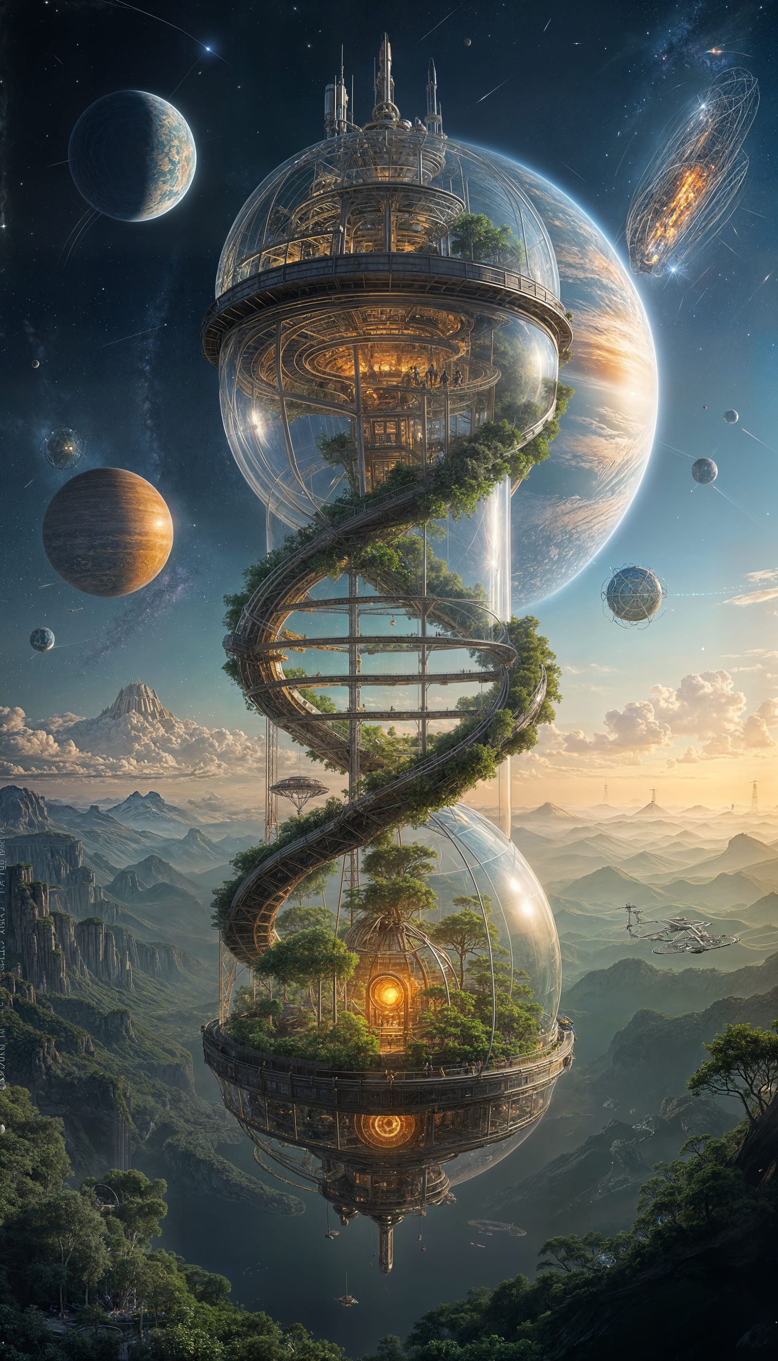 A massive double-helix transparent solarpunk terrarium ecosy...