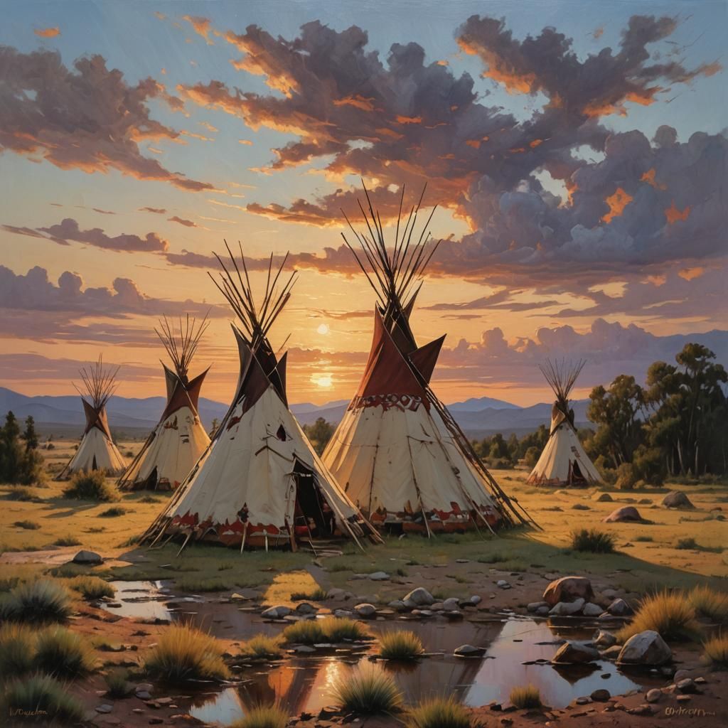Native American Teepees at Sunset, Oil Painting