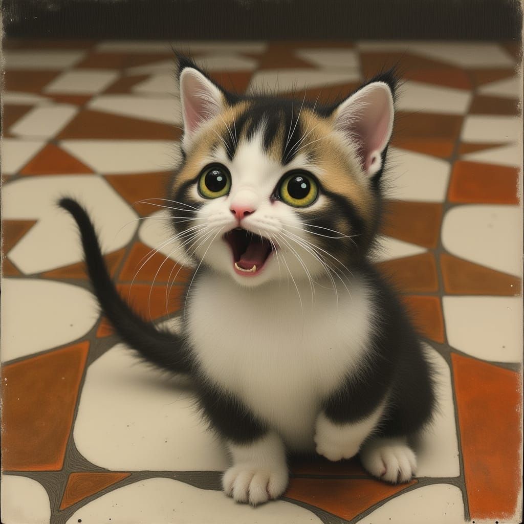 Whimsical Kitten on Vintage Linoleum