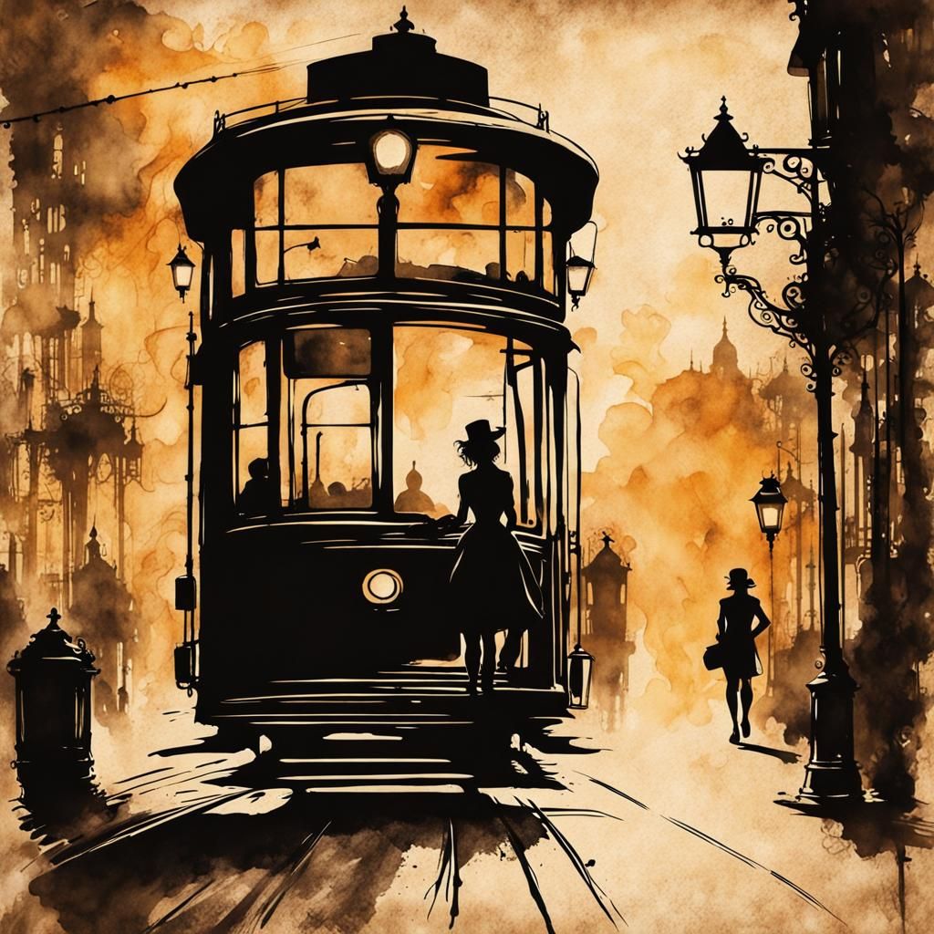 Woman Enters Tram in Steampunk Ink Painting