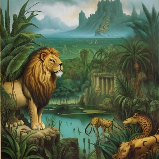 Surreal Lion and Girl in Jungle, Dali Style