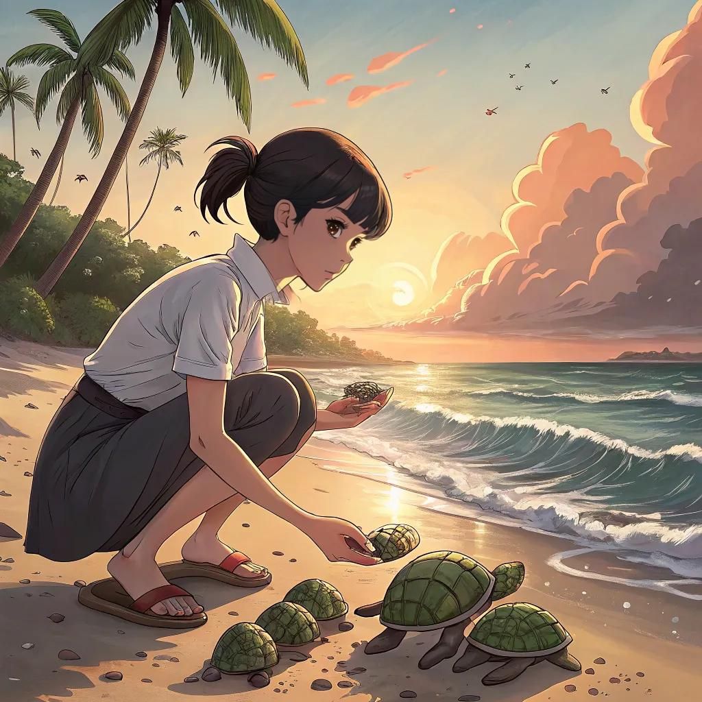 Anime Beach Scene with Turtles in Studio Trigger Style