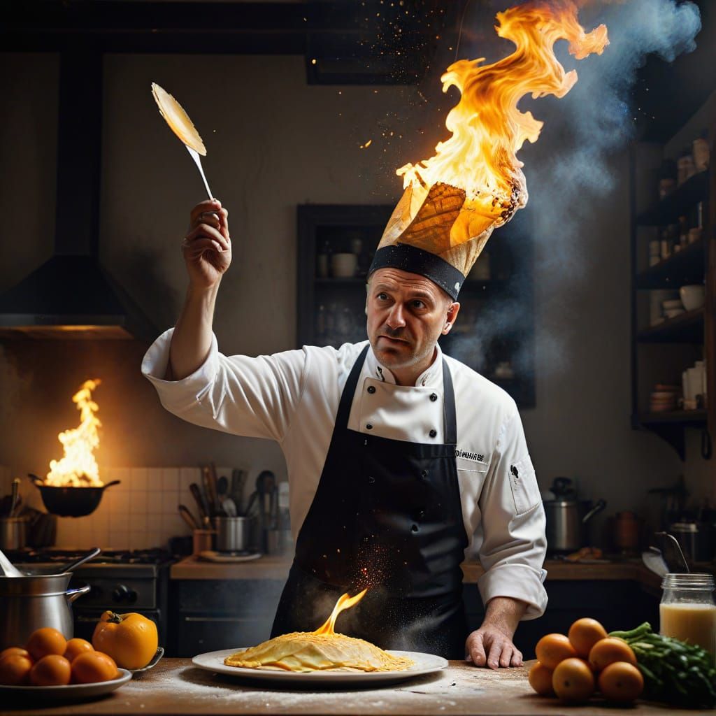 Chef's Flaming Crepe Mishap in Hyperrealistic Kitchen Drama