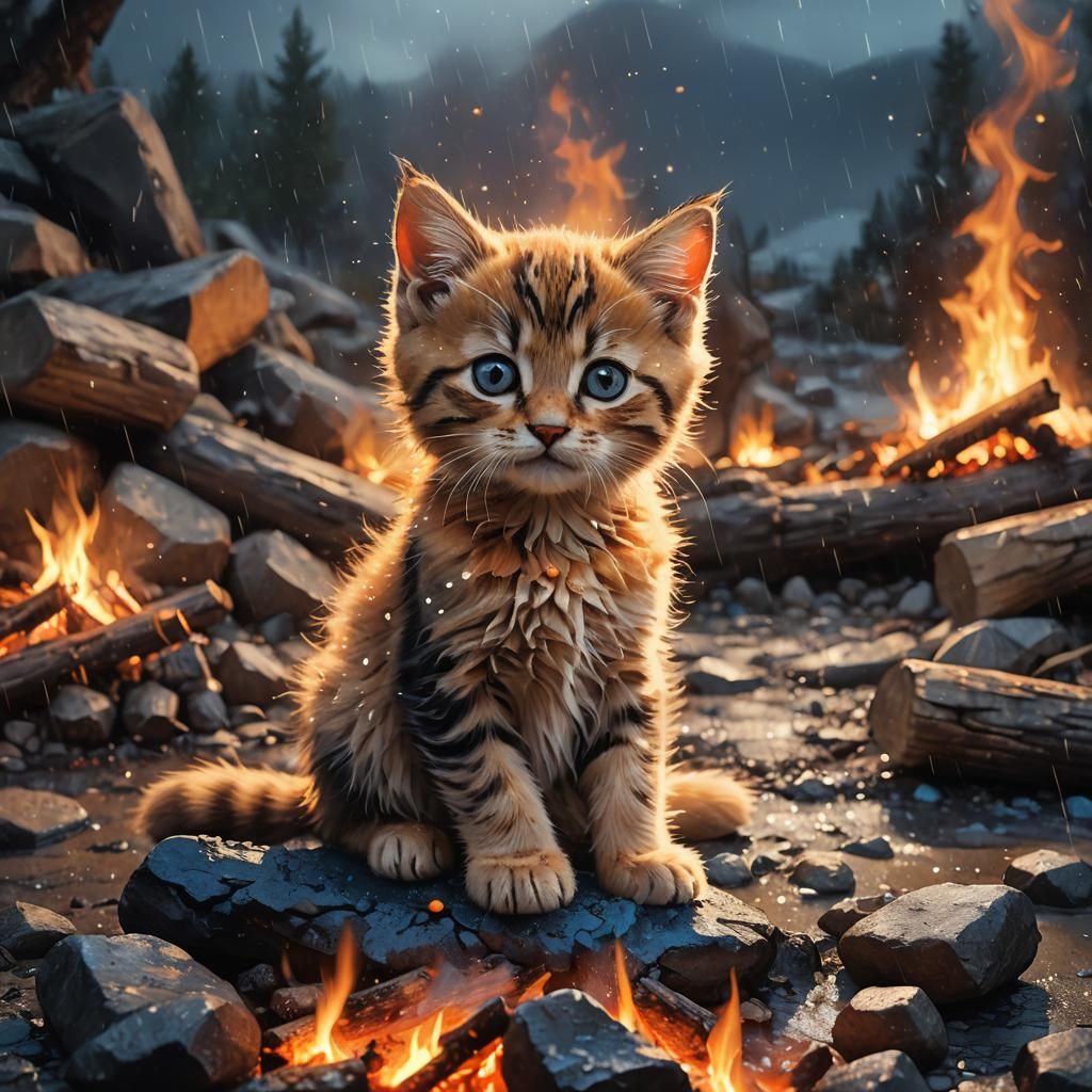 Kitten in Hailstorm by Campfire: Fantasy Art