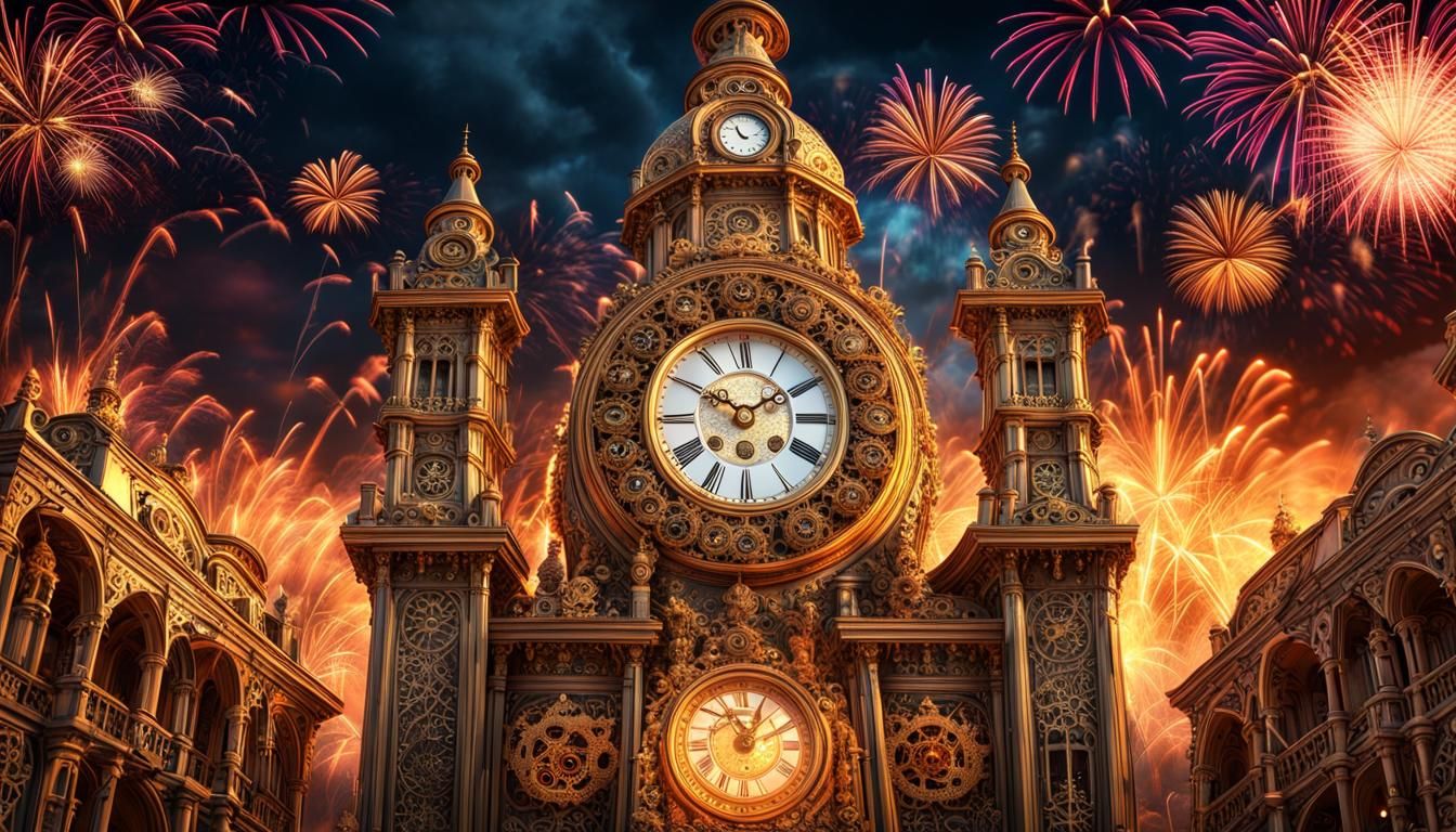 Steampunk Golden Clock Tower with Fireworks