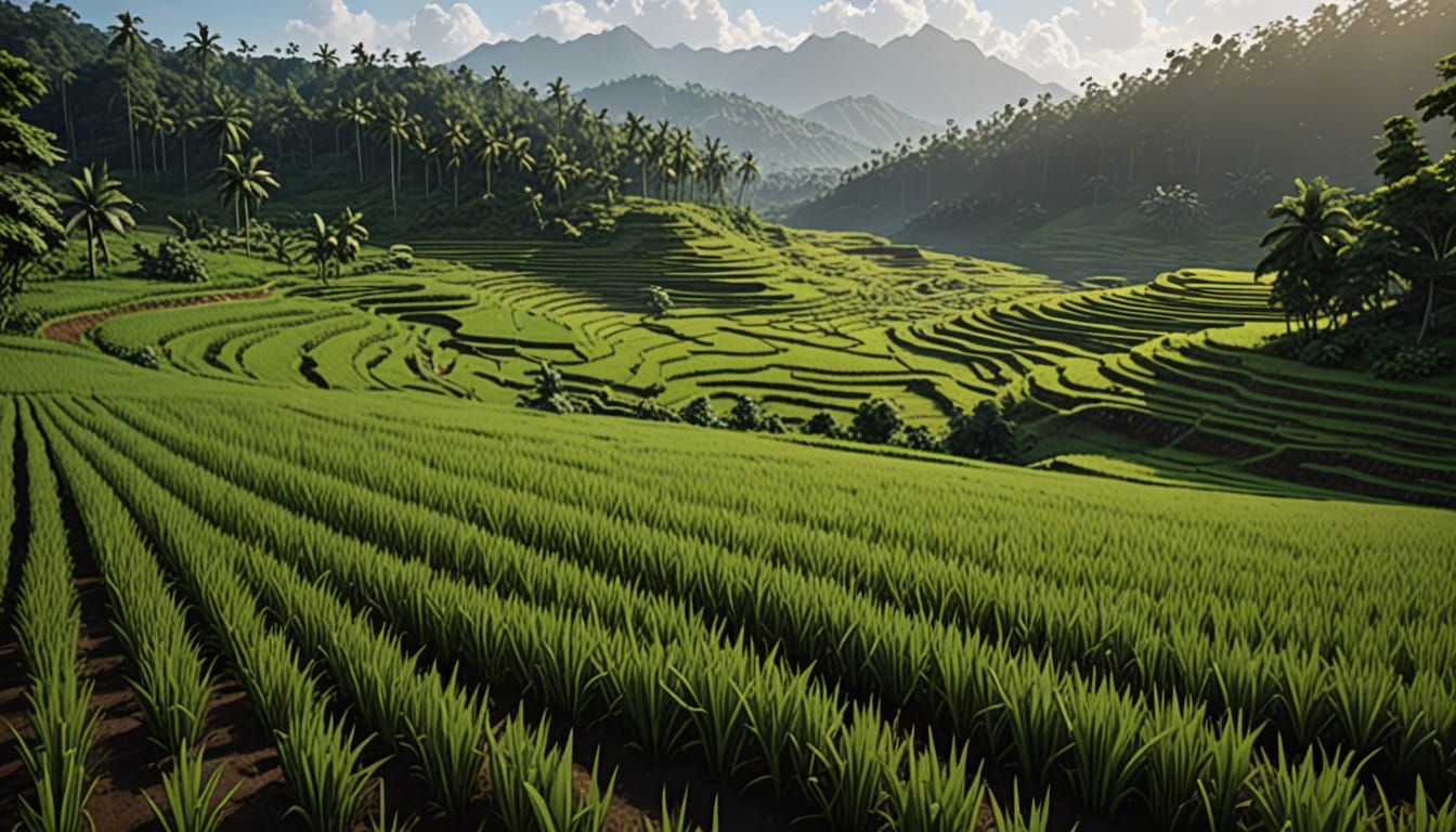 Breathtaking Sunrise Landscape of Green Fields and Majestic...