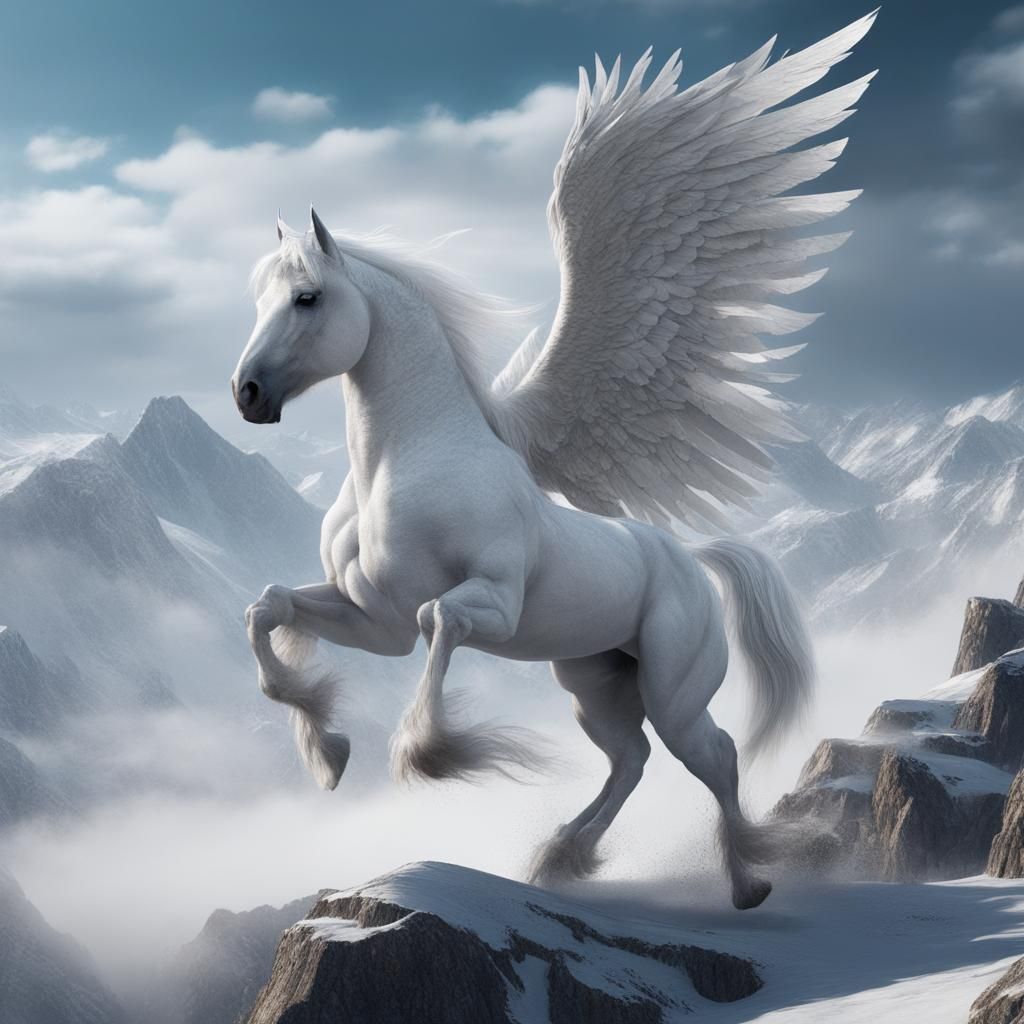 Pegasus Soaring Over Mountains: Detailed Matte Painting