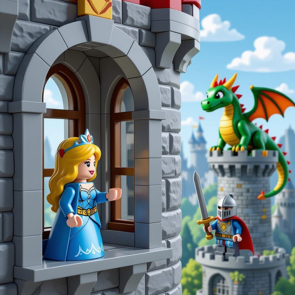 Princess in Castle Tower with Knight and Dragon, Lego Style