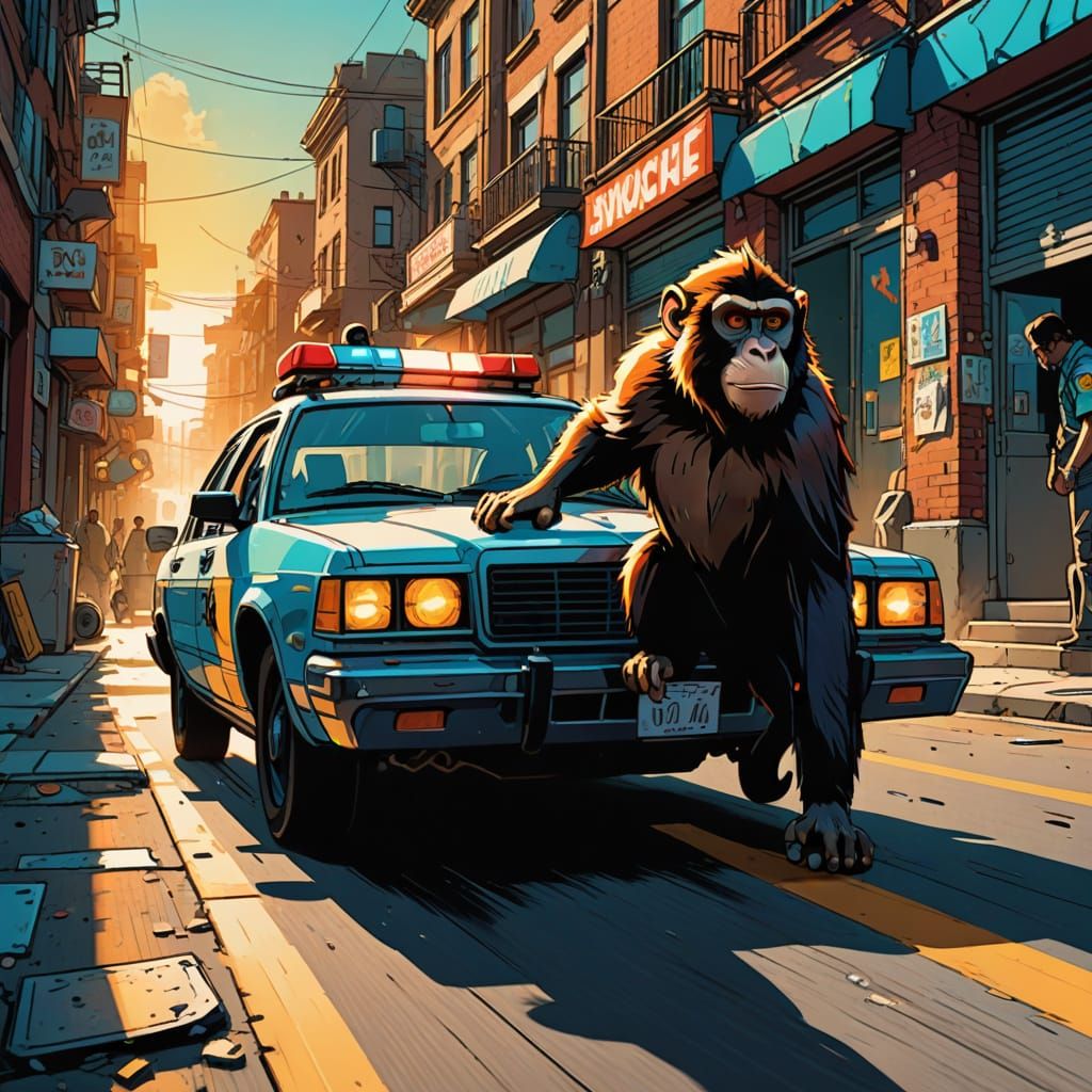 Police Car Chases Mischievous Monkey in Sun-Drenched City