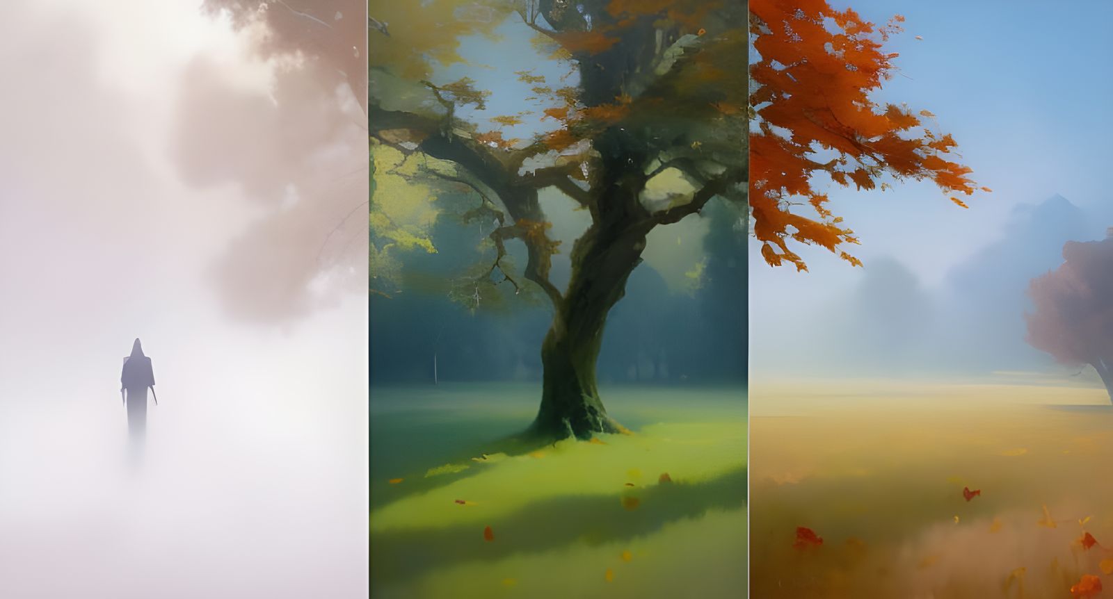 Tree in Different Seasons, Oil Painting Style