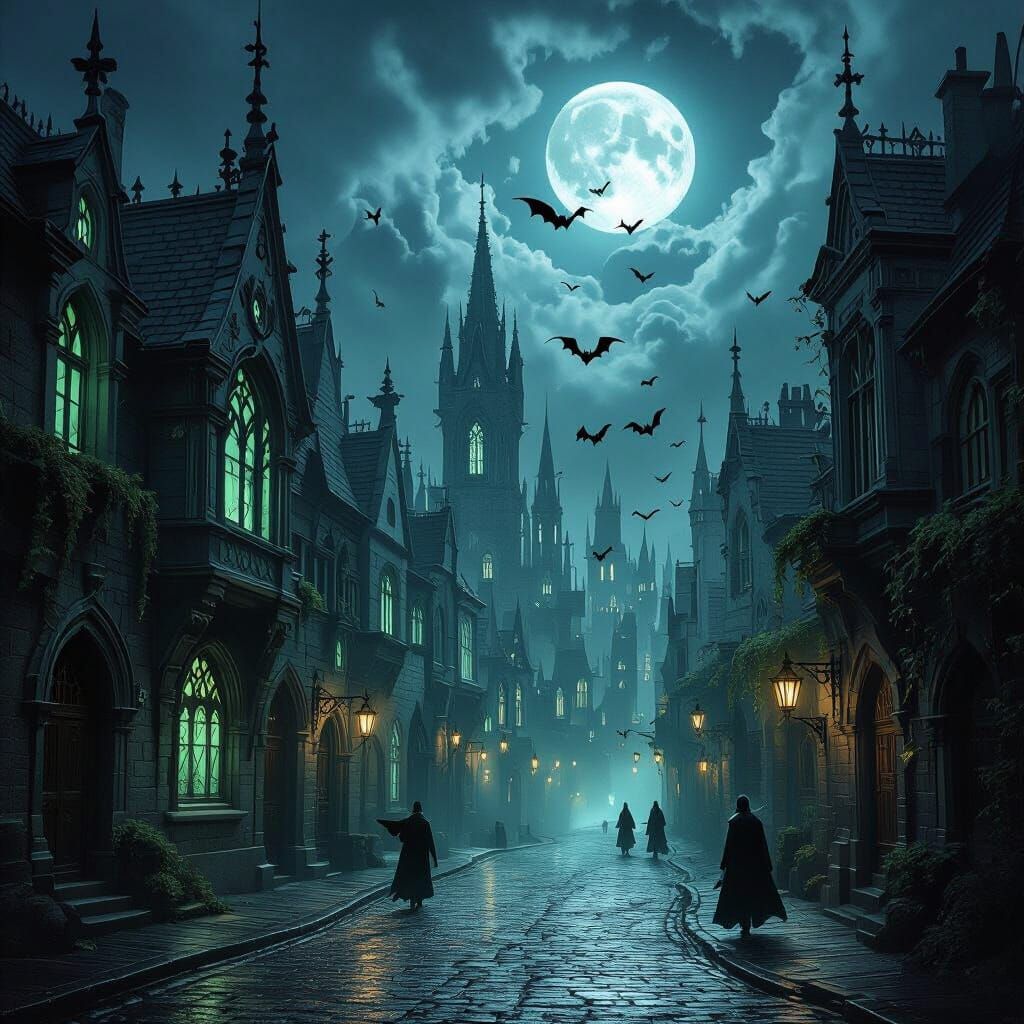Gothic Fantasy Street Scene Under Stormy Moonlit Night