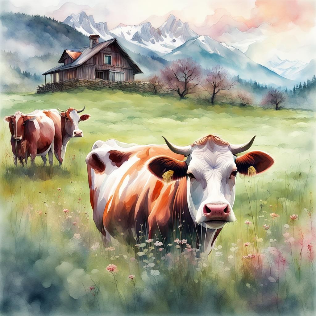 Cows in Meadow: Vivid Digital Watercolor Landscape