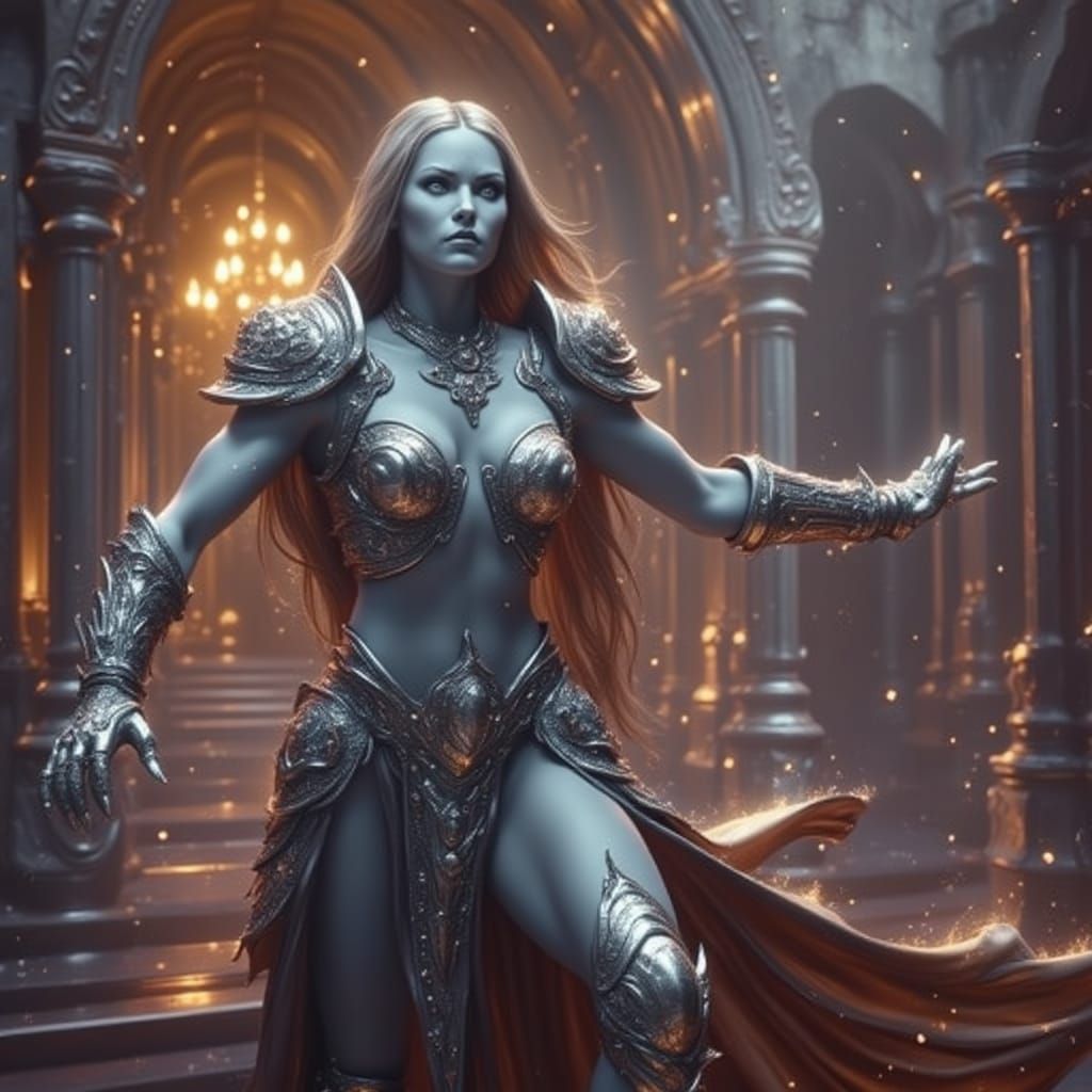 Muscular Drow Warrior Queen on Shadow Throne