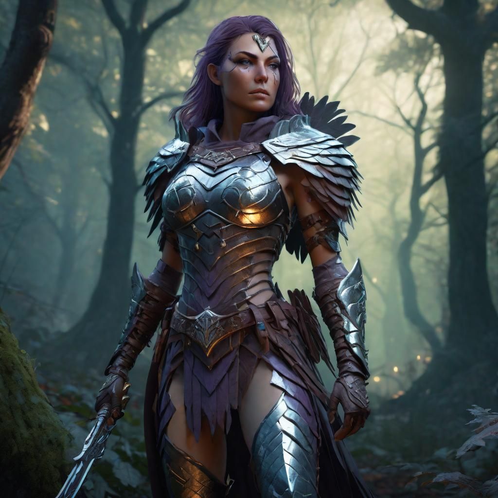 Fantasy Huntress with Hawk in Mystic Forest