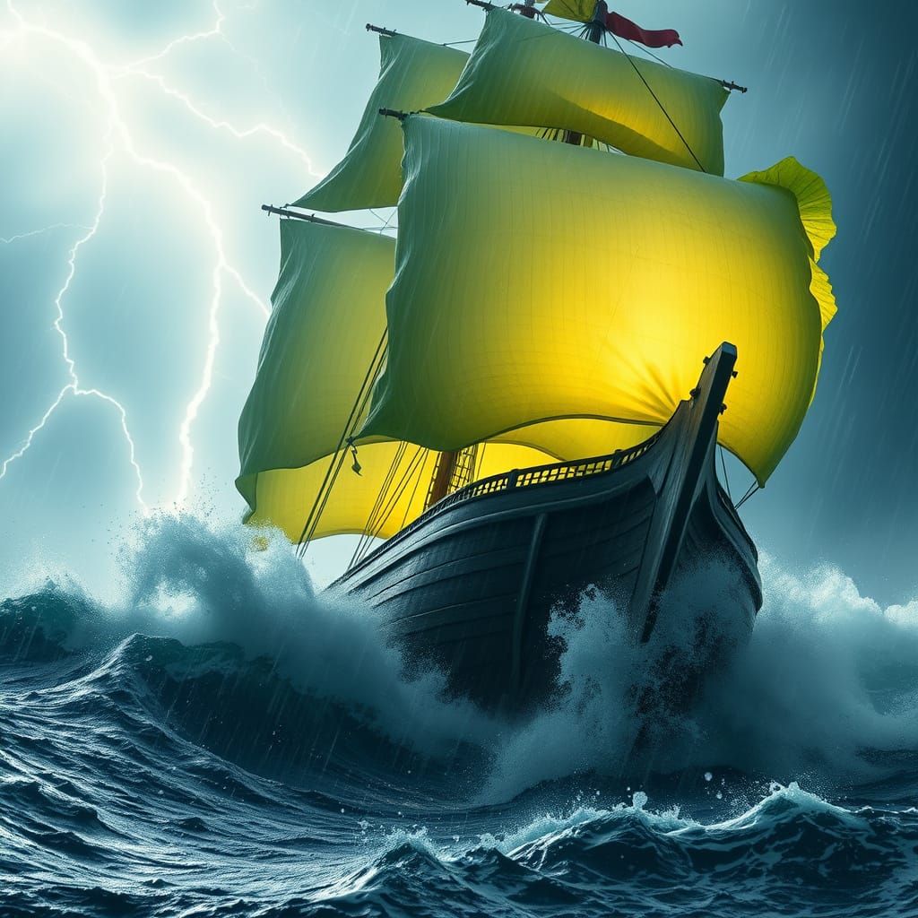 Epic Stormy Seascape with Vegetal Ship in Turbulent Waves