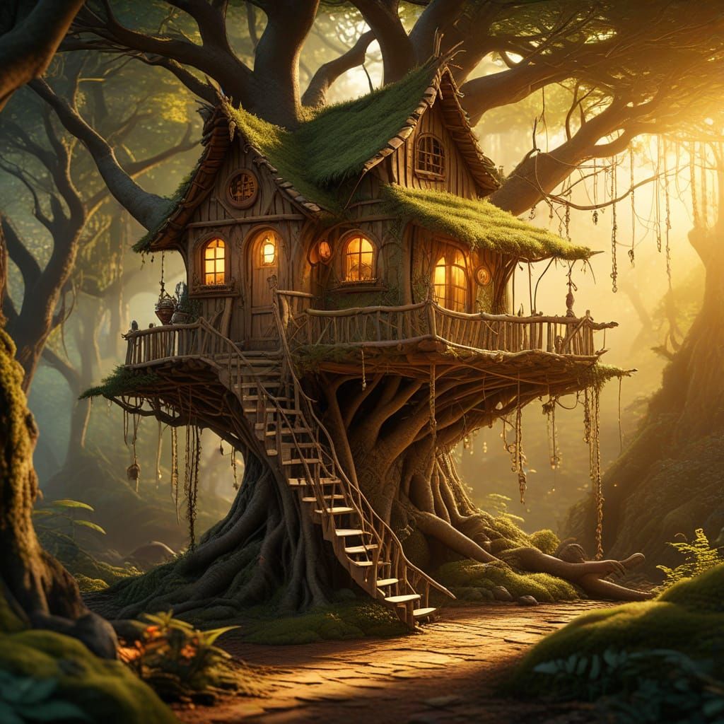 Enchanted Forest Treehouse in Golden Light
