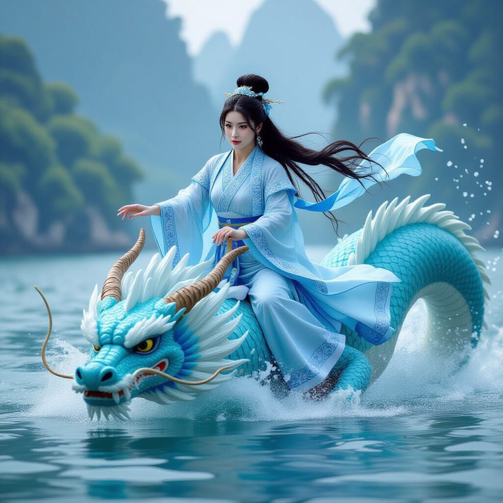 Water Spirit Riding Dragon in Hanfu, Digital Art
