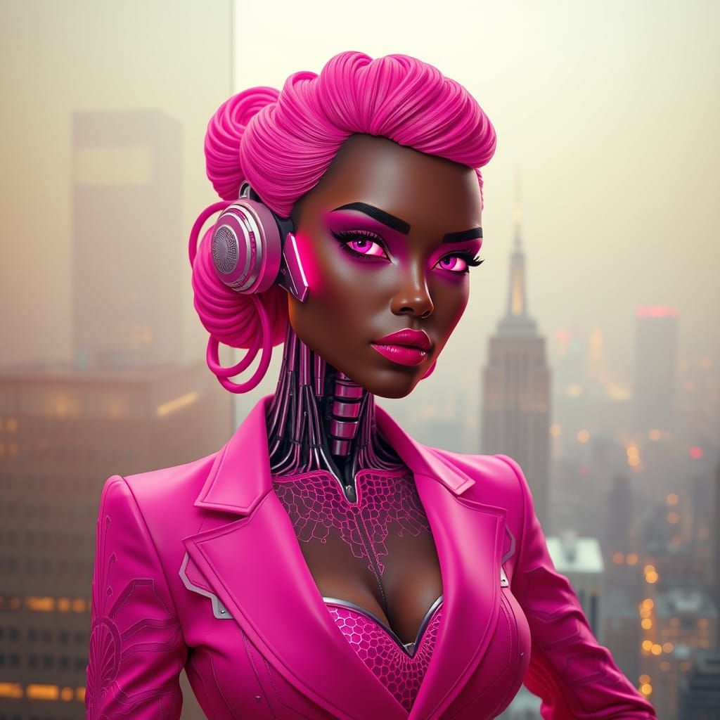 Cyberpunk Robot Woman Exudes Power in Corporate Office