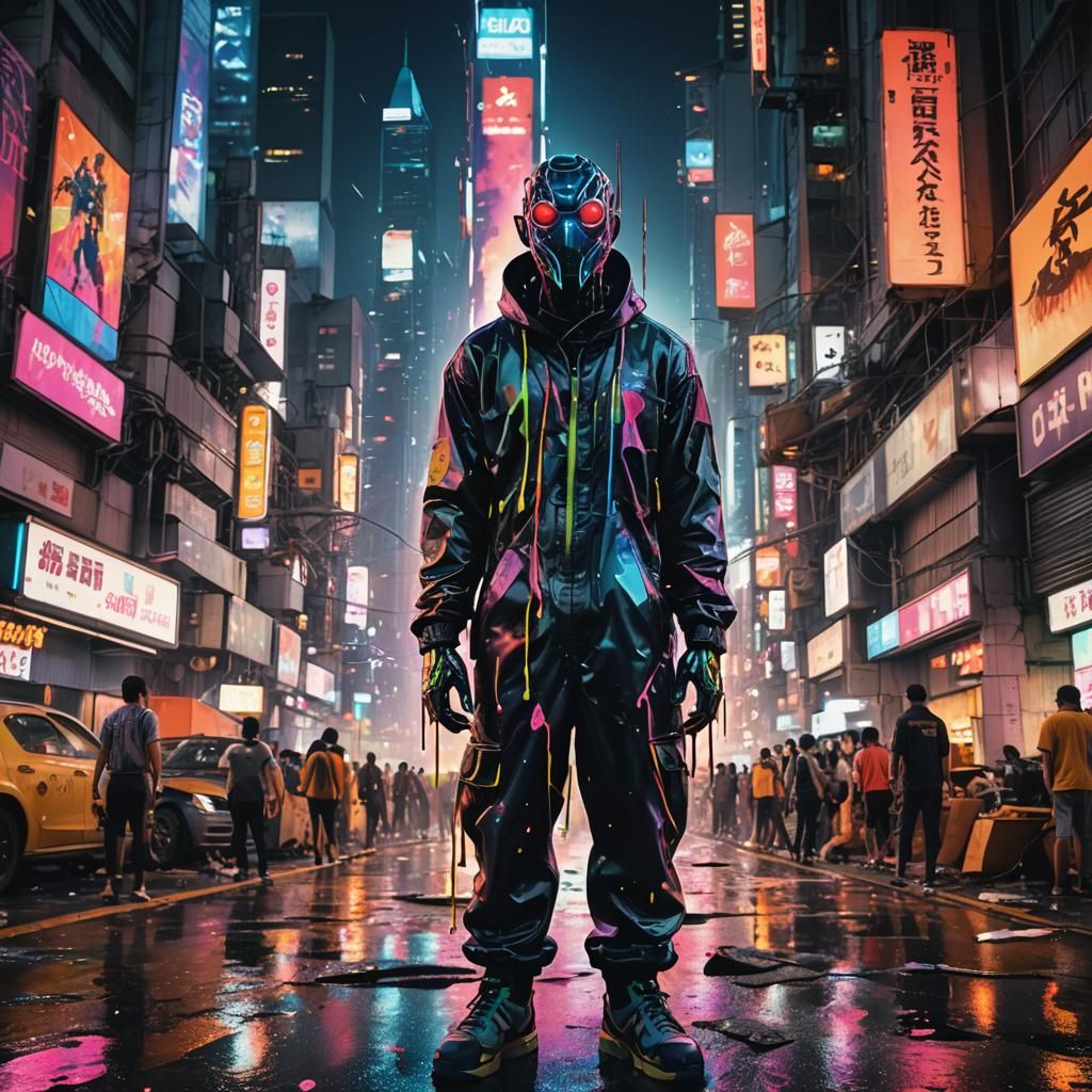 Neon Figure in Futuristic City, Geo 2099 Style