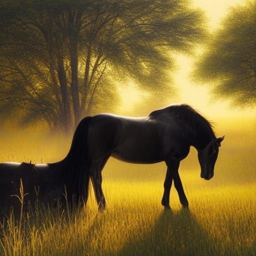 Friesian Horse in Golden Light: Oil Painting
