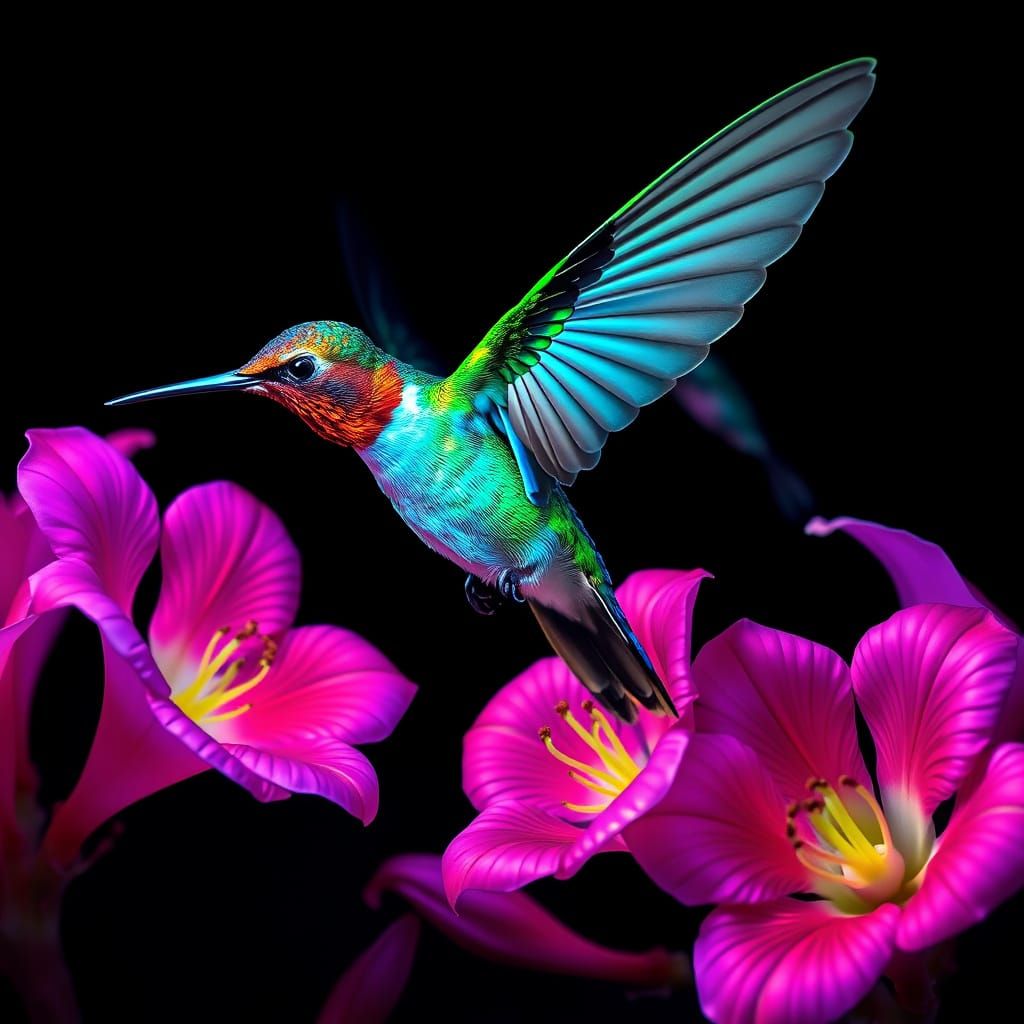 Iridescent Hummingbirds Dance Among Neon Trumpet Flowers