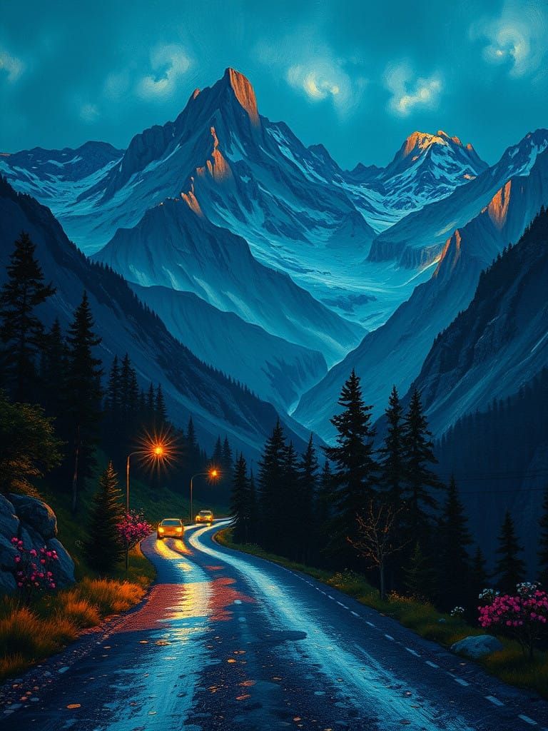 Whimsical Mountain Road in Muted Colors