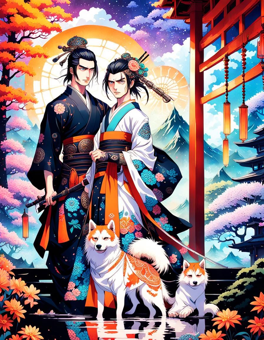 Steampunk Samurai in Bioluminescent Forest: Anime Ink Art