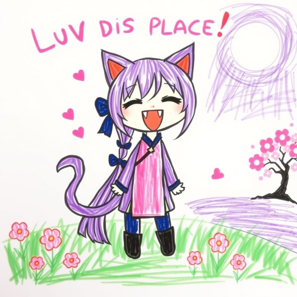 Childlike Crayon Drawing of Anime Catgirl