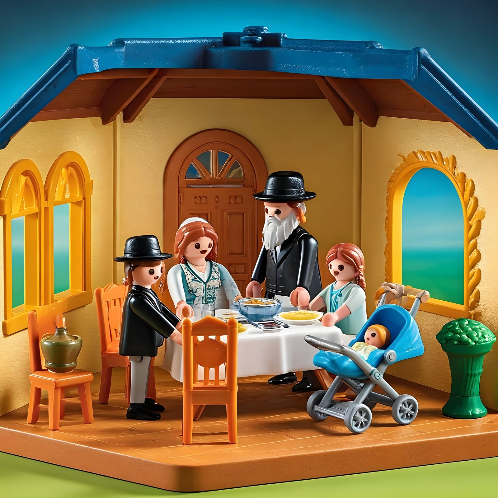 Playmobil Style Hasidic Family at Shabbat Table