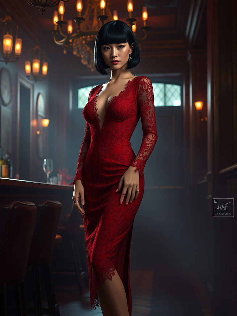 Elegant Woman in Red Lace Dress, Fantasy Concept Art