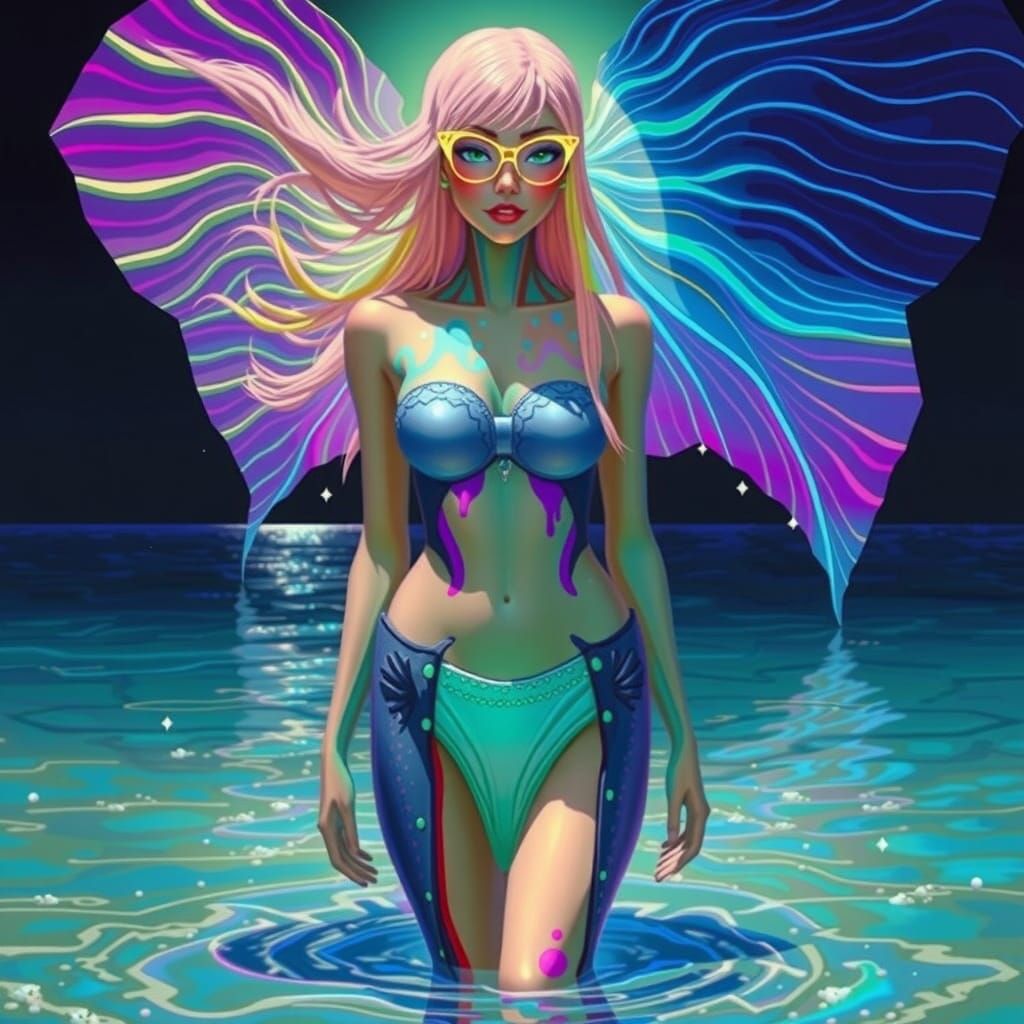 Ethereal Figure Emerges Under Night Rainbow