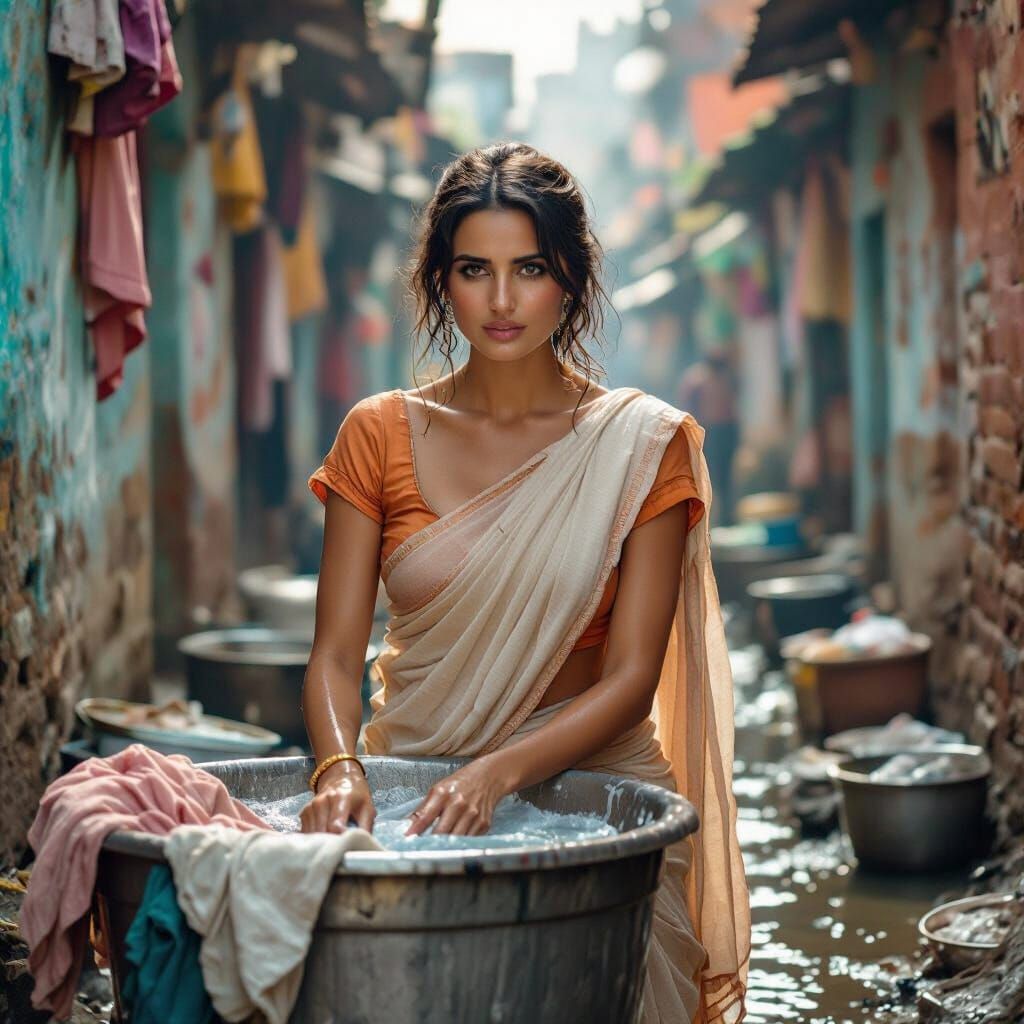 Penelope Cruz in a Dharavi Slum: Hyper-Real Cinematic Scene