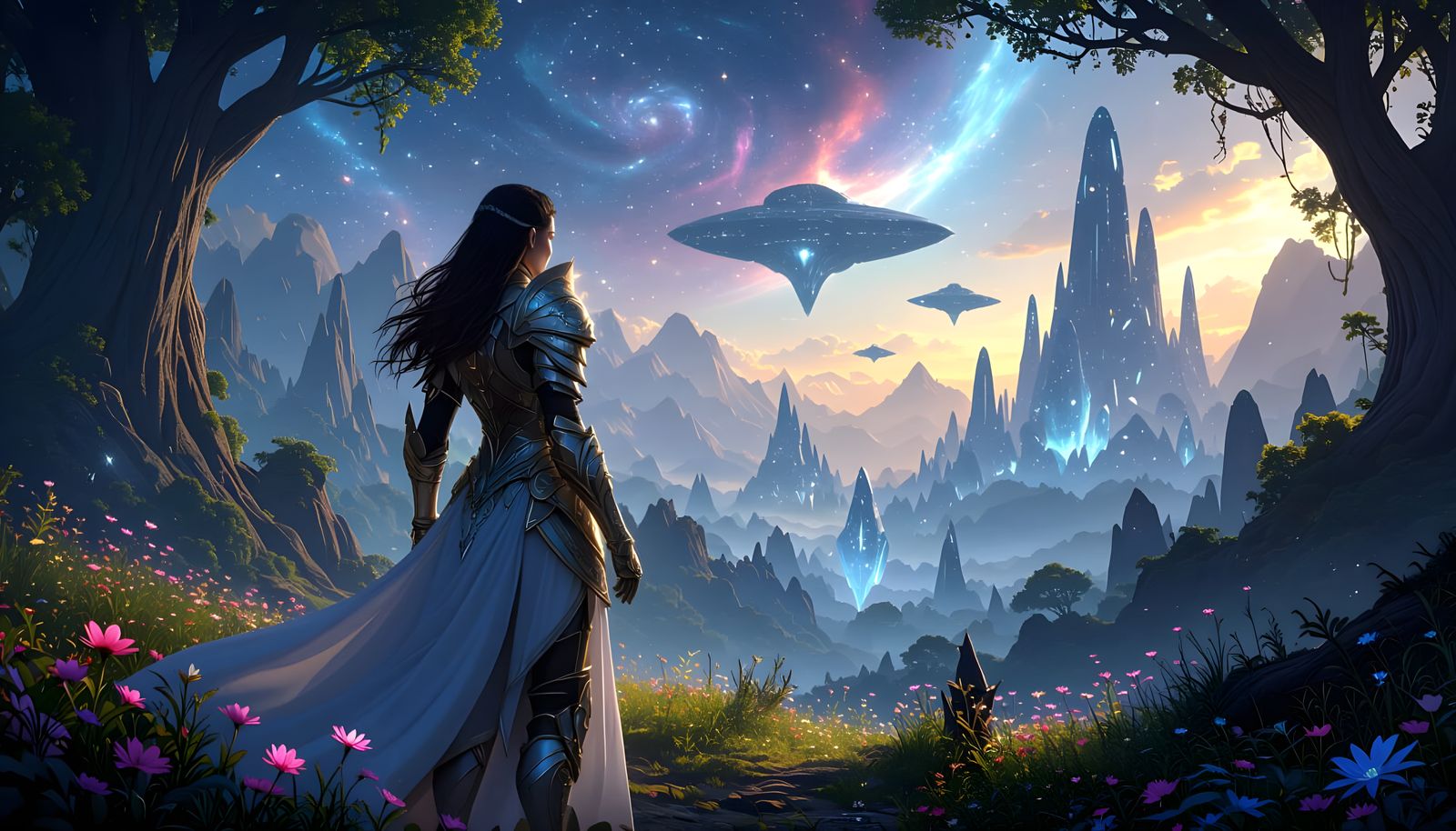 Heroic Fantasy Warrior in Cosmic Nebula Landscape