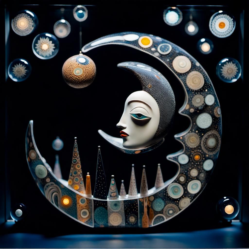 Glass Moon with Stars in Naive Art Style