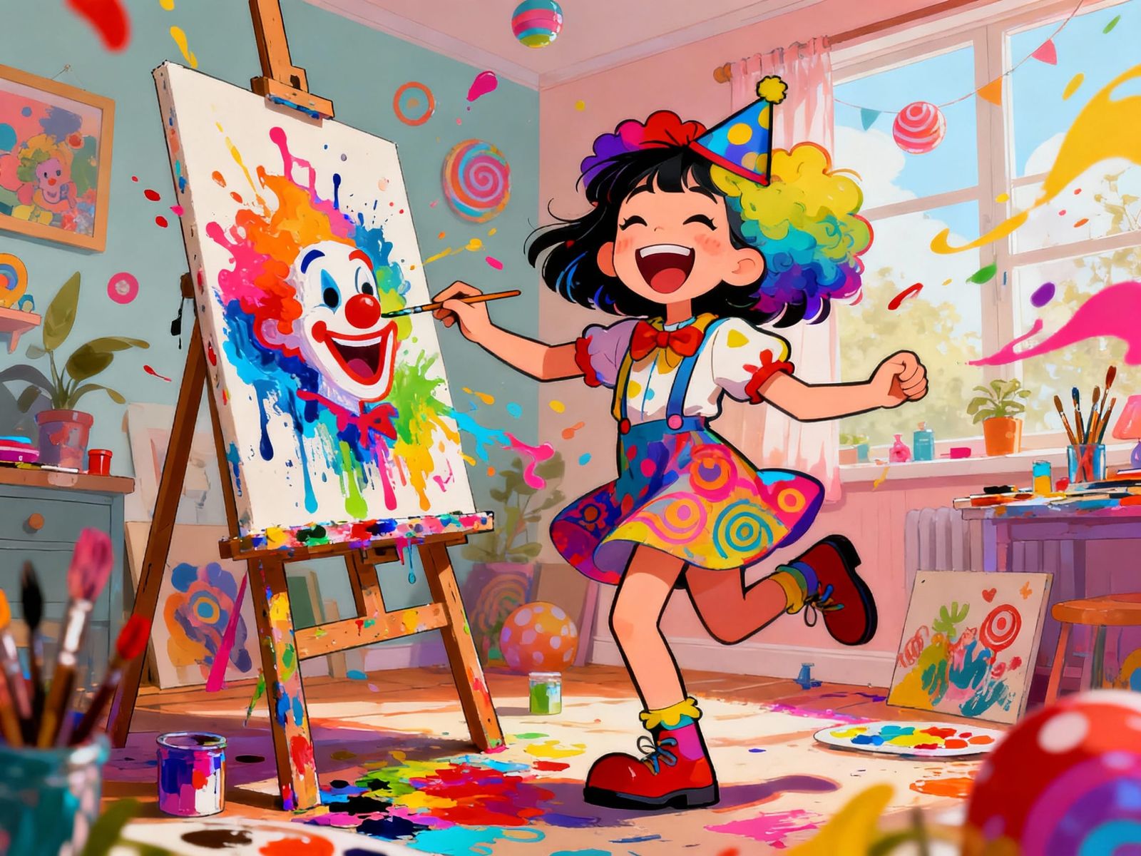 Joyful Girl Painting in Colorful Room, Surreal Cartoon Style