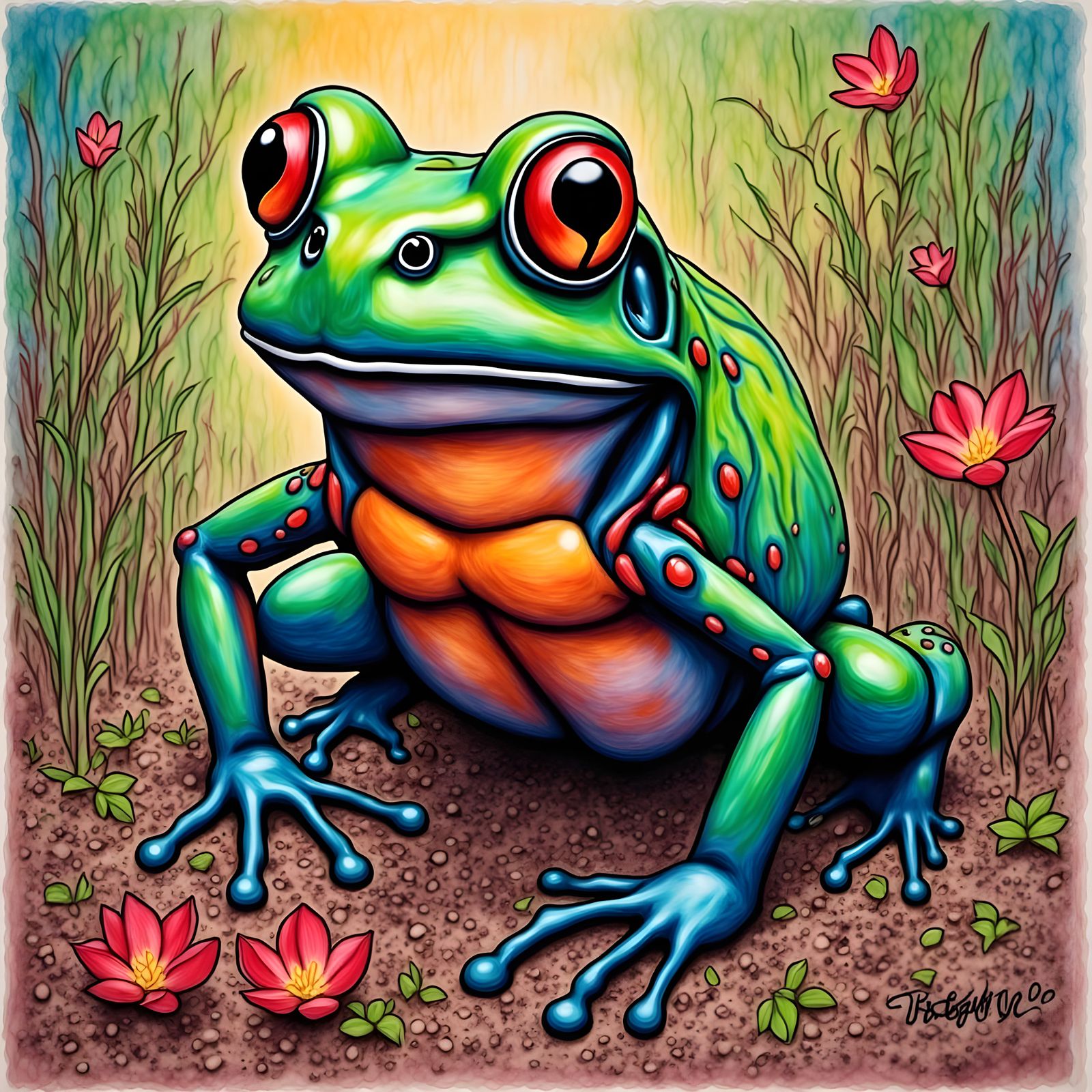 Poison Dart Frog in Crayon Wax Style