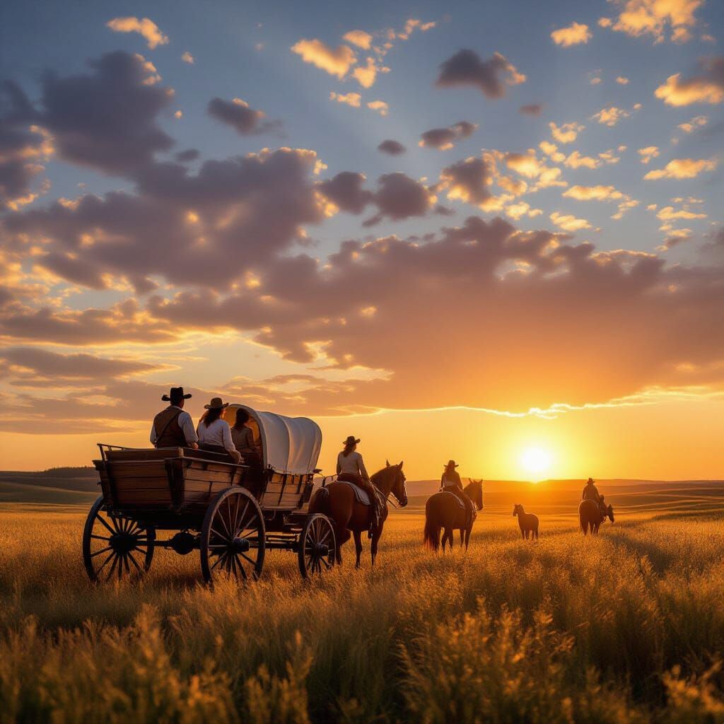 Pioneers Cross Vast Prairie Under Dramatic Sunset Sky